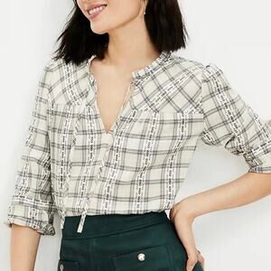 LOFT Plaid Ruffle Tie Front Long Sleeve Blouse Size S